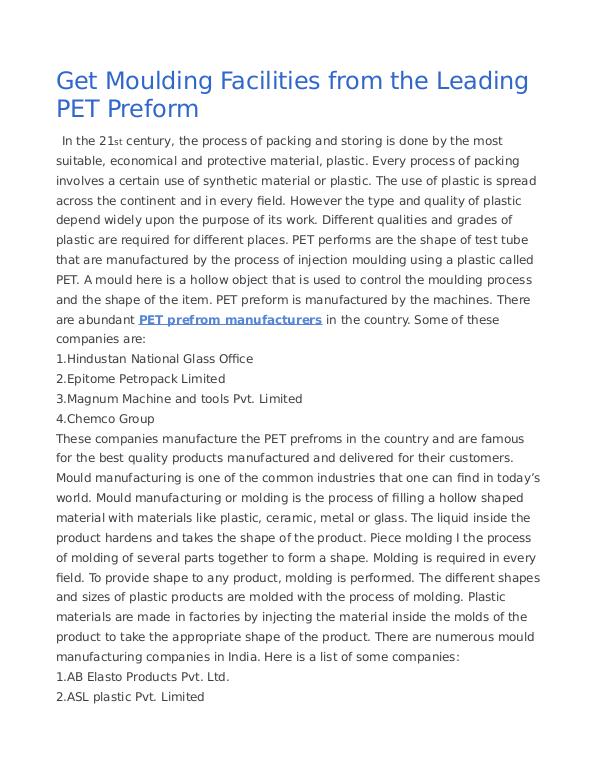 Get Moulding Facilities from the Leading PET Preform Get Moulding Facilities from the Leading PET Prefo