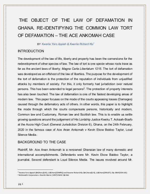 THE OBJECT OF THE LAW OF DEFAMATION IN GHANA. KWAME-KWAME 339