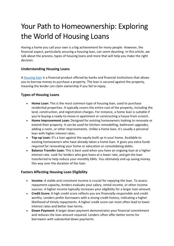 Your Path to Homeownership: Exploring the World of Housing Loans admin